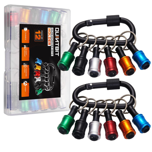 12 Pack 1/4" Hex Bit Holder Key chain - Aluminum Alloy Quick Release Bit Holders with Carabiner for Drill, Screwdriver & Impact Driver - Portable Tool Gift for Men (Multi)