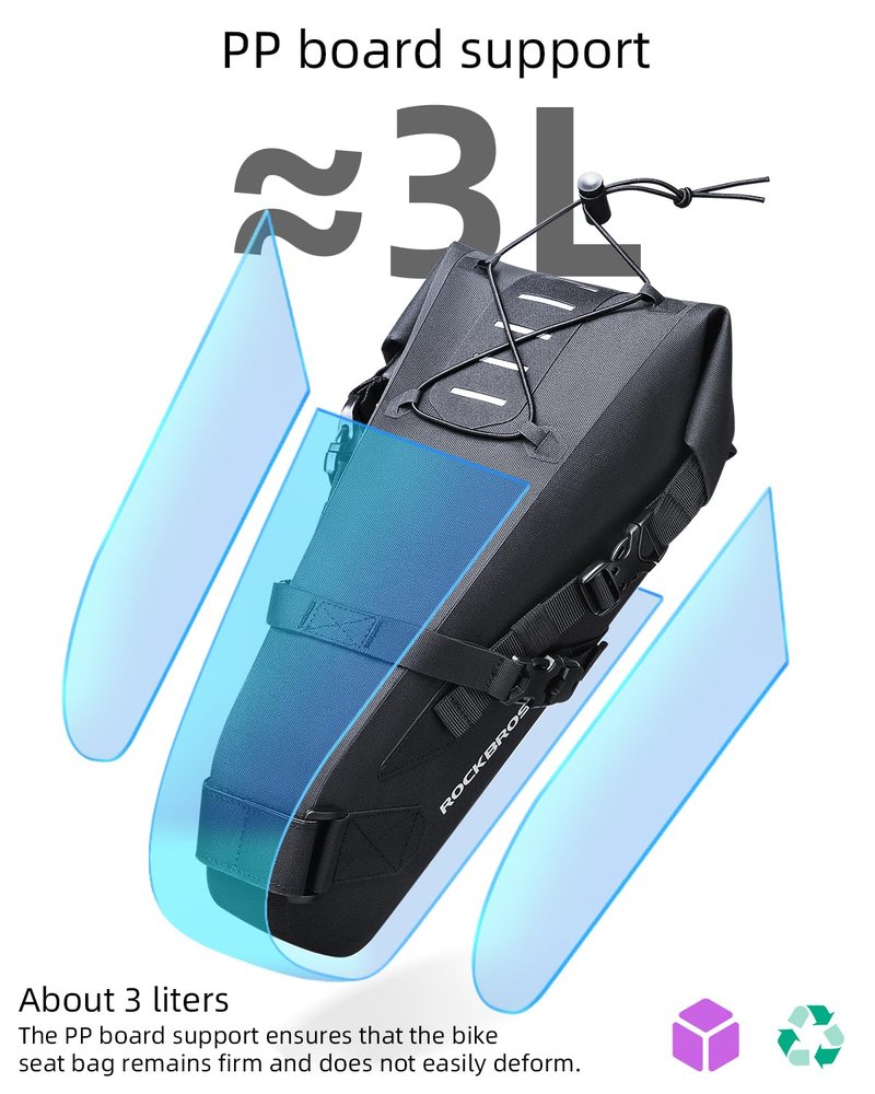 ROCKBROS Bikepacking Bag Bike Saddle Bag Large Capacity Bikepacking Seat Bag Waterproof Bike Seat Bag Max 3L