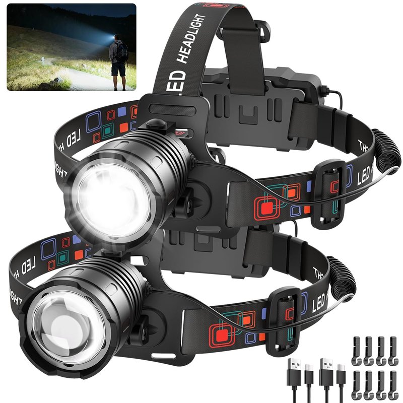 Rechargeable Headlamp High Lumen, 3000L Super Bright Head Lamp, 90° Rotatable Head Lights for Forehead, Adjustable Focus Headlight Flashlight, 4Modes LED Headlamps for Adults Hardhat Camping (2Pack)