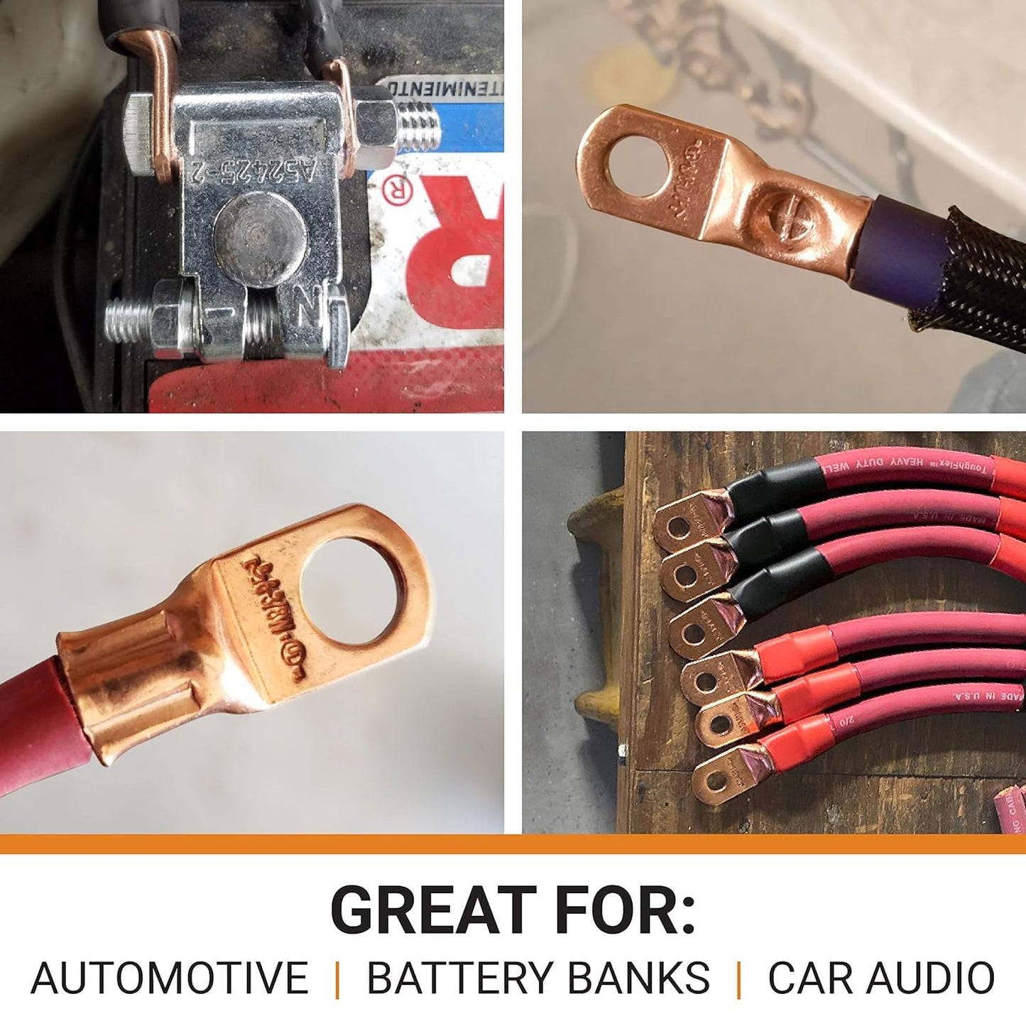 SELTERM 10pcs - 2 Awg - 5/16" Stud - Battery Lugs - Ring Terminal Connectors | with 12pcs 3:1 Black & Red Heat Shrink Tubing with Adhesive | Heavy Duty Battery Cable Ends - Bare Copper Wire Lugs Kit