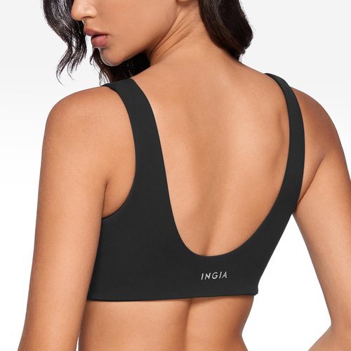 INGIA Womens U-Neck Sports Bra Padded U Back Medium Impact Fitness Yoga Bar Workout Crop Top with Built in Bra Black Medium