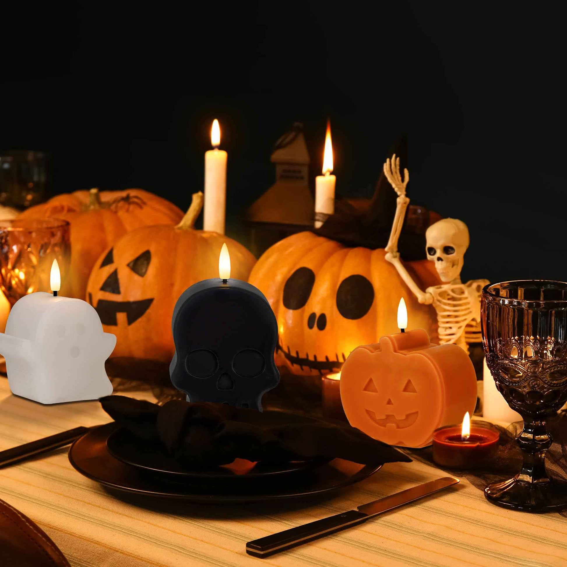 Halloween Flameless Candles with Remote, Real Wax Ghost, Pumpkin, Skull Battery Operated Candles, Flickering LED Fake Candle, Halloween Decorations for Table, fireplace, Home, Party, Festival Decor