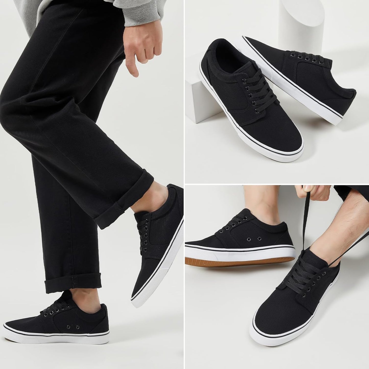 BENPAO Men's Casual Sneakers - Stylish Low Top Lace-Up Canvas Shoes in All Black
