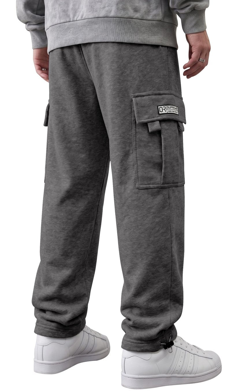 HUNGSON Mens Cargo Sweatpants Drawstring Casual Hiking Pants Joggers Athletic Trousers Cotton Loose Straight Pants for Men Dark Grey Heather