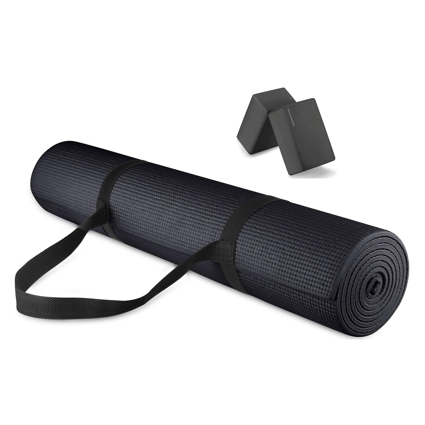 Fitvids All Purpose 1/4-Inch High Density Anti-Tear Exercise Yoga Mat with Carrying Strap and Yoga Blocks, Black