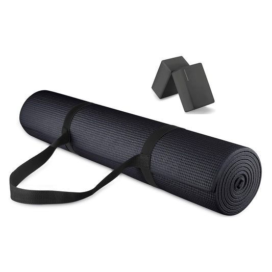 Fitvids All Purpose 1/4-Inch High Density Anti-Tear Exercise Yoga Mat with Carrying Strap and Yoga Blocks, Black