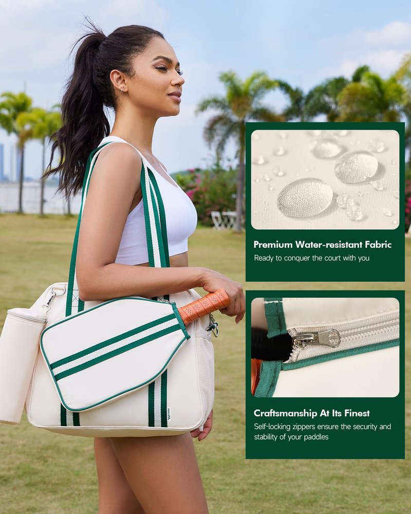 Movker Pickleball Bag for Women 2-in-1 Tote & Crossbody with Fence Hook Holds 2 Paddles & Detachable Ball Bag Court to Street(Beige)