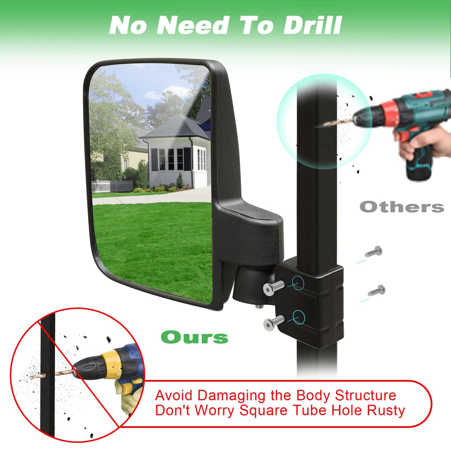 No Drilling Golf Cart Side Mirrors with Built-In Reflector, Universal HD Folding Side View Mirrors Fit EZGO, Club Car, Yamaha Golf Carts, for 0.75"/1"/1.25" Square Strut, Shatterproof Anti-Fog Glass