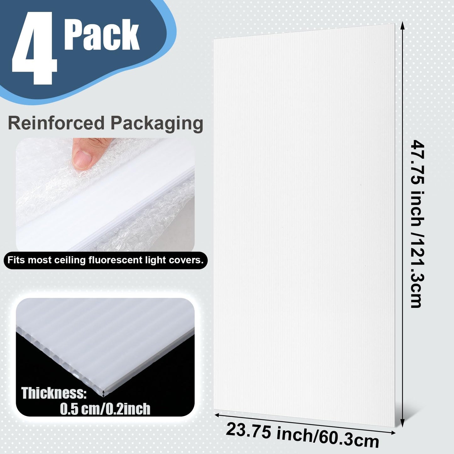 Pushglossy 4 Pack 23.75" x 47.75" Drop Ceiling Light Panel Diffuser Covers Fluorescent Lighting Panel Flat Sheet Polycarbonate Double-Wall Replacement Light Lens Cover with H Support