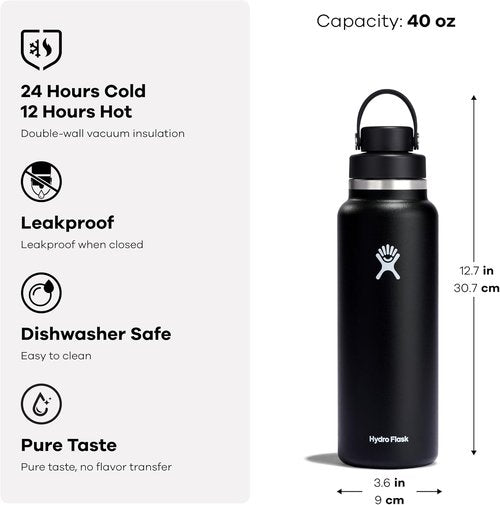 Hydro Flask Water Bottle - Insulated Stainless Steel - 40 Oz Wide Mouth Chug Lid, Leakproof Gray