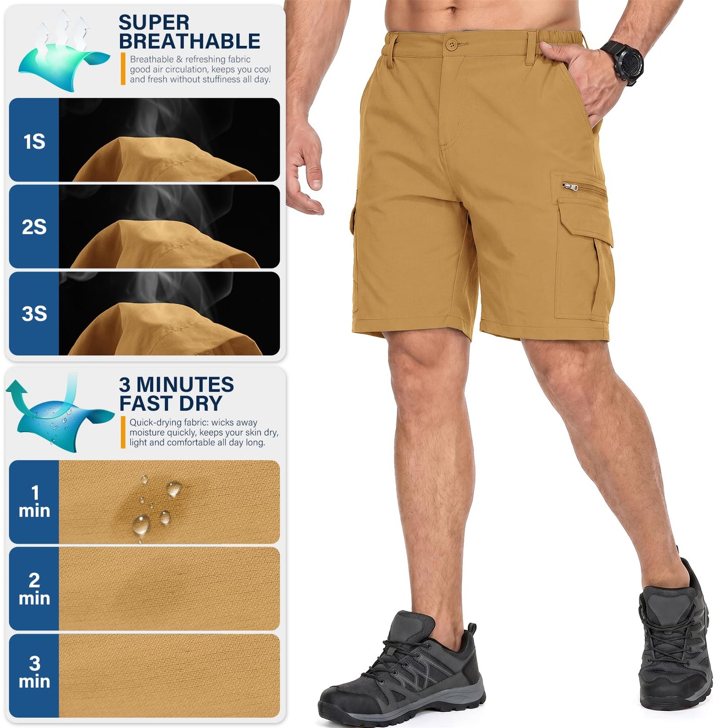 Jessie Kidden Mens Outdoor Casual Expandable Waist Lightweight Water Resistant Quick Dry Fishing Hiking Shorts (6222 Yellow Brown 34)