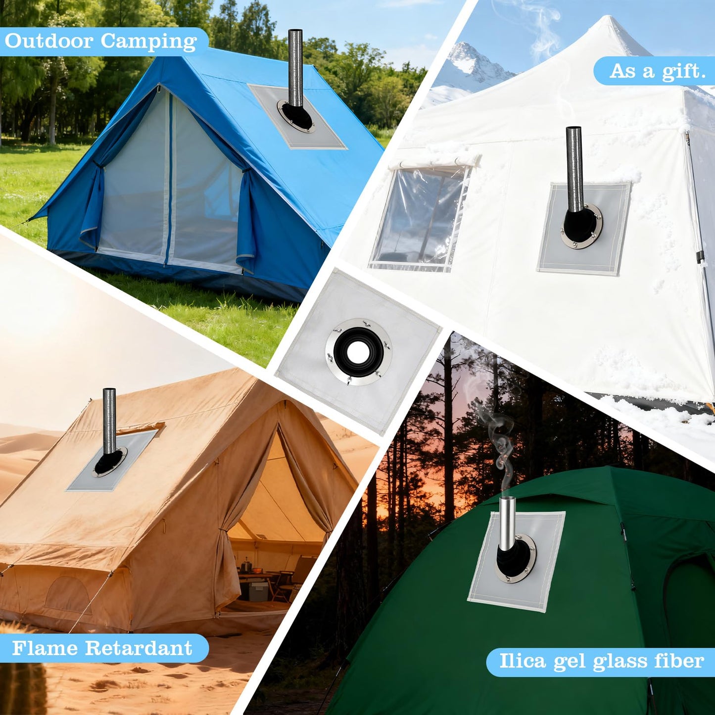 Tent Stove Jack Kit: Flexible Silicone Pipe Boot, Chimney Anti-scald Ring, High Temp Flue Flashing for Bell Tent, Yurt, & Wood Burners (Triple Wall Pipe Compatible, Stove OD 1 3/4"-3 1/4")
