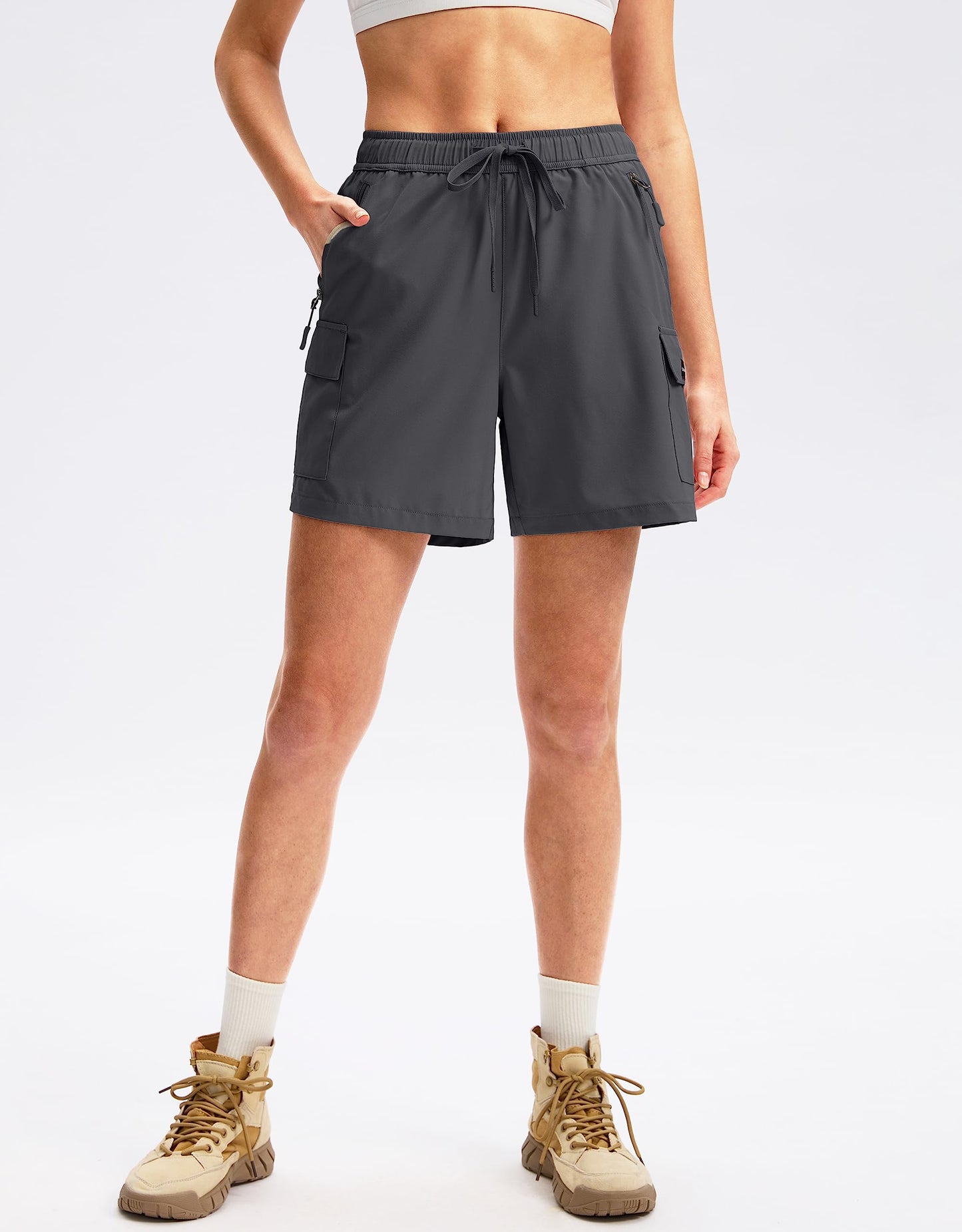 SANTINY Women's 5''/ 7''/9'' Hiking Cargo Shorts Quick Dry Lightweight Summer Shorts for Women Athletic Golf Zipper Pockets(Dark Grey_S)
