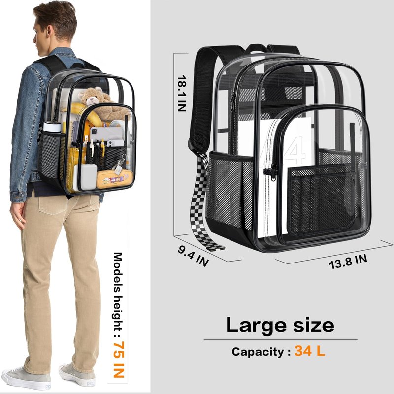 PAMANO Clear Backpack Transparent Heavy Duty Bookbag See Through Bag for College Work Travel Security, Black XL