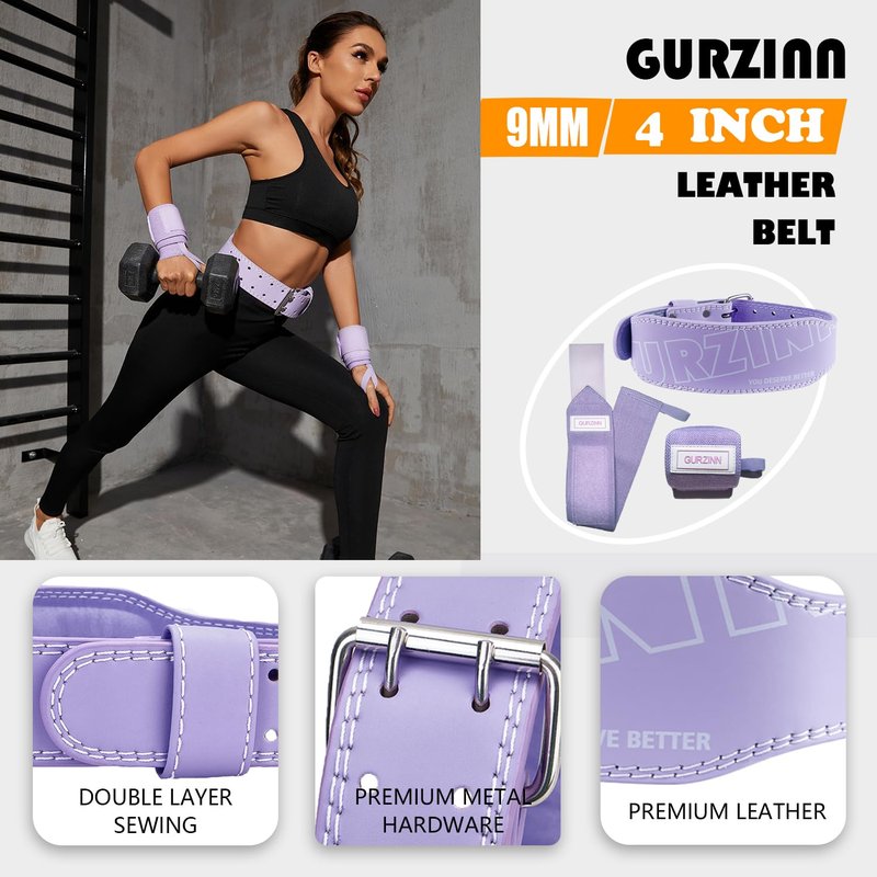 Weight Lifting Belt 4 inch Leather Belt Foam Padded Back Support Gym Belt for Bodybuilding Squat Deadlift Weightlifting Belt Women Free Wrist Wrap(Purple/XS)