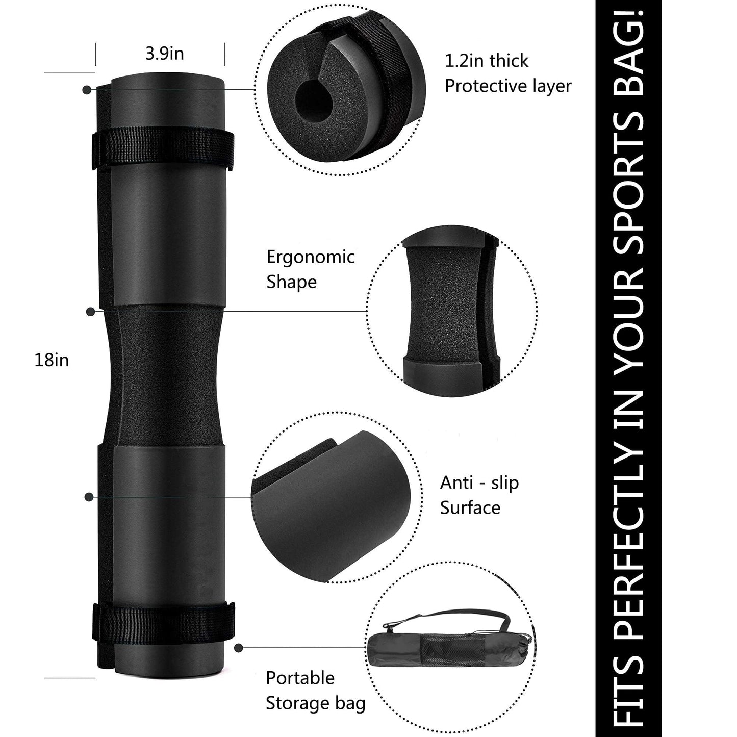 Squat Pad - Foam Barbell Pad for Squats Cushion, Lunges & Bar Padding for Hip Thrusts - Standard Weight Bar Pad - Provides Cushion to Neck and Shoulders While Training (Black)