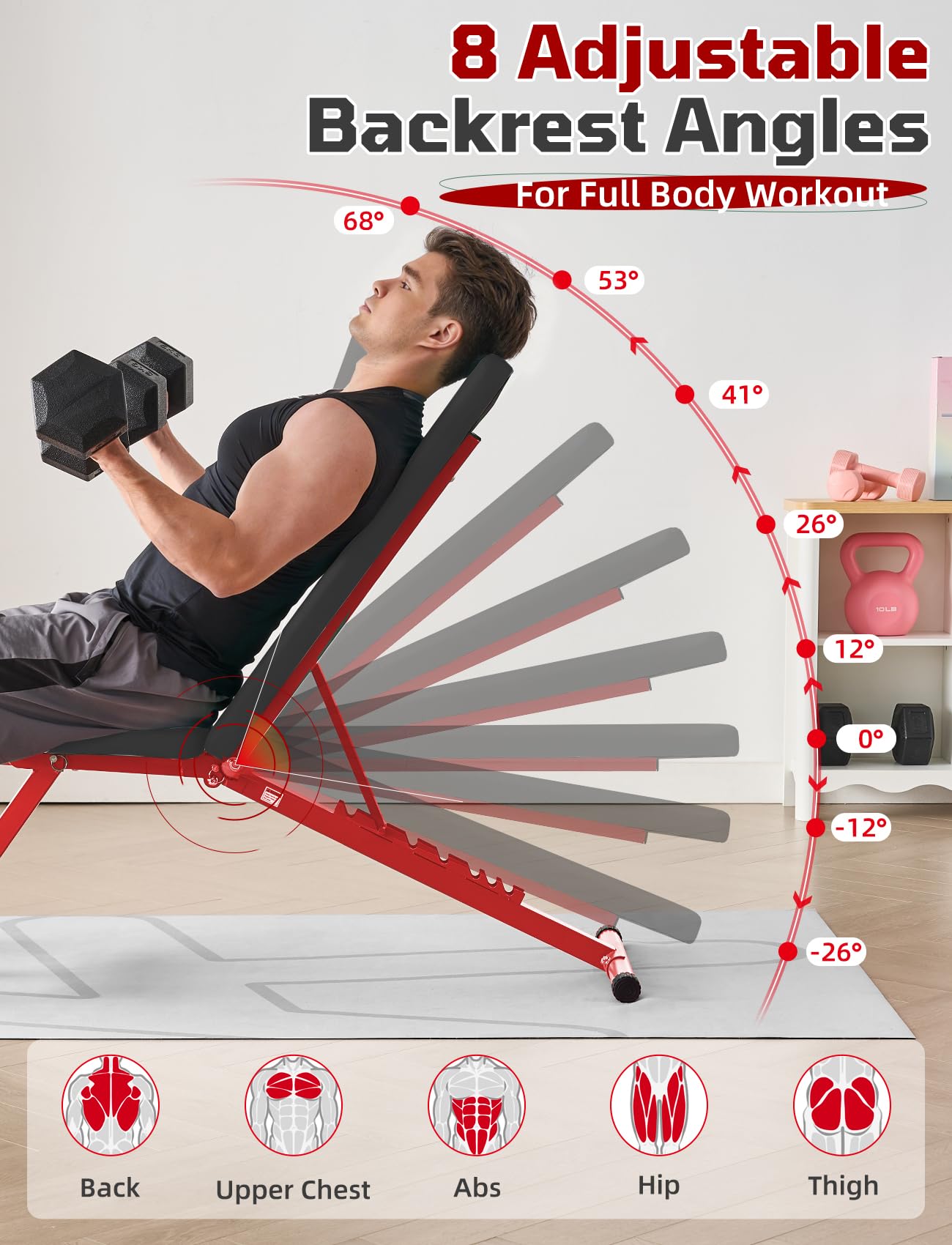 SPORTSOUL 880LB Weight Bench for Home Gym, 8-Position Backrest Adjustable Workout Bench for Strength Training – Incline Decline Flat, Foldable & Compact for Small Space Apartment Room Garage