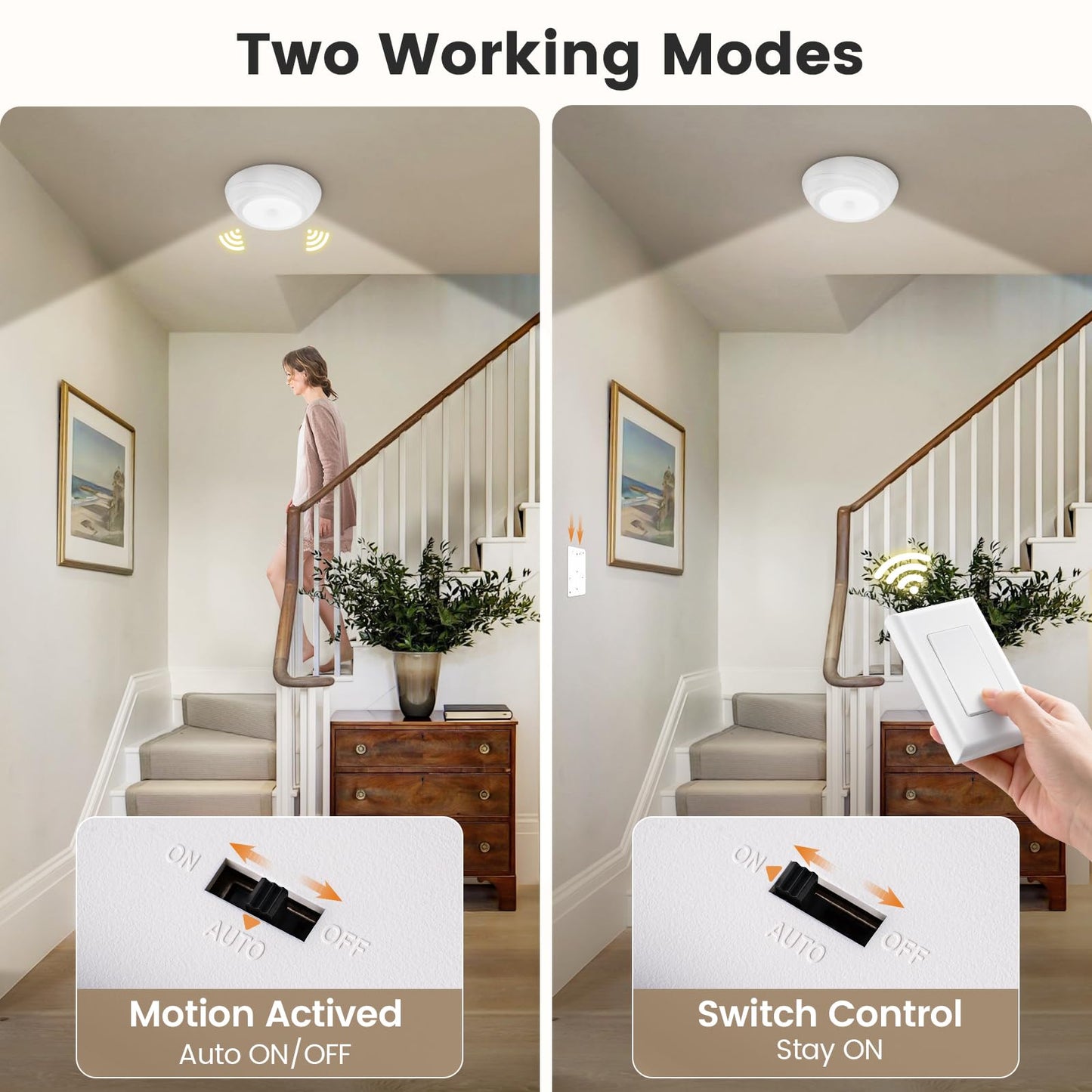 SURAIELEC Battery Ceiling Light with Wall Switch, Motion Sensor Light Indoor, Wireless Wall Switch Remote, 6500K, 300LM, Battery Powered Ceiling Light for Closet, Pantry, Laundry, and Shed, 1-Pack