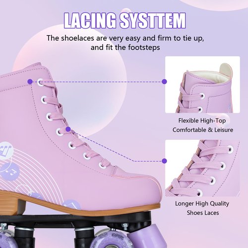 Gets Roller Skates for Girls and Women, PU Leather Light Up Outdoor Kids Roller Skates, Cute Four-Wheel Beginner Roller Derby Skates Girls Ages 8-12(Purple,36)