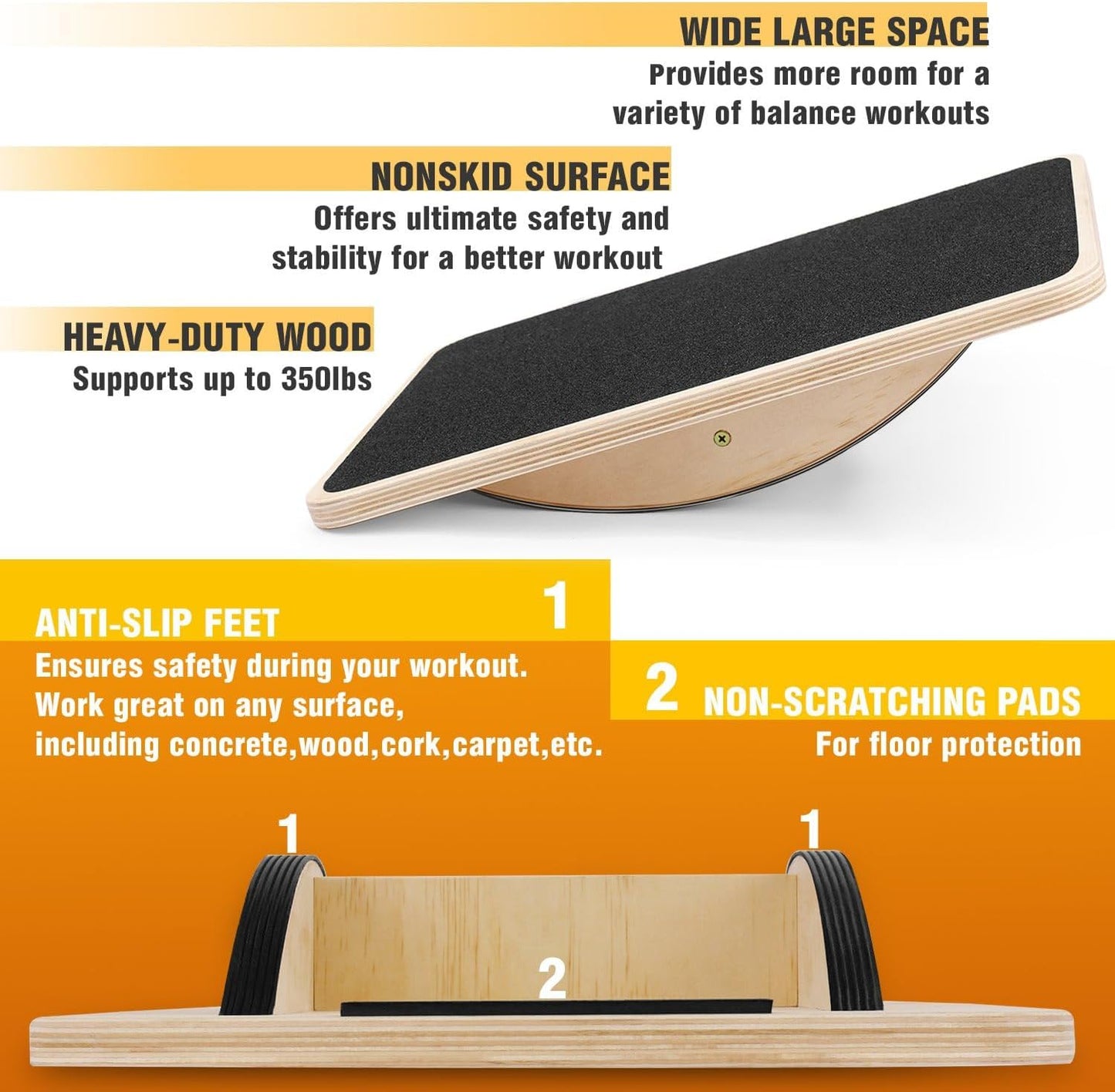 Yes4All 350LBS Wooden Balance Board - Anti-Slip Wobble Board for Leg Workouts | Ideal for Standing Desks