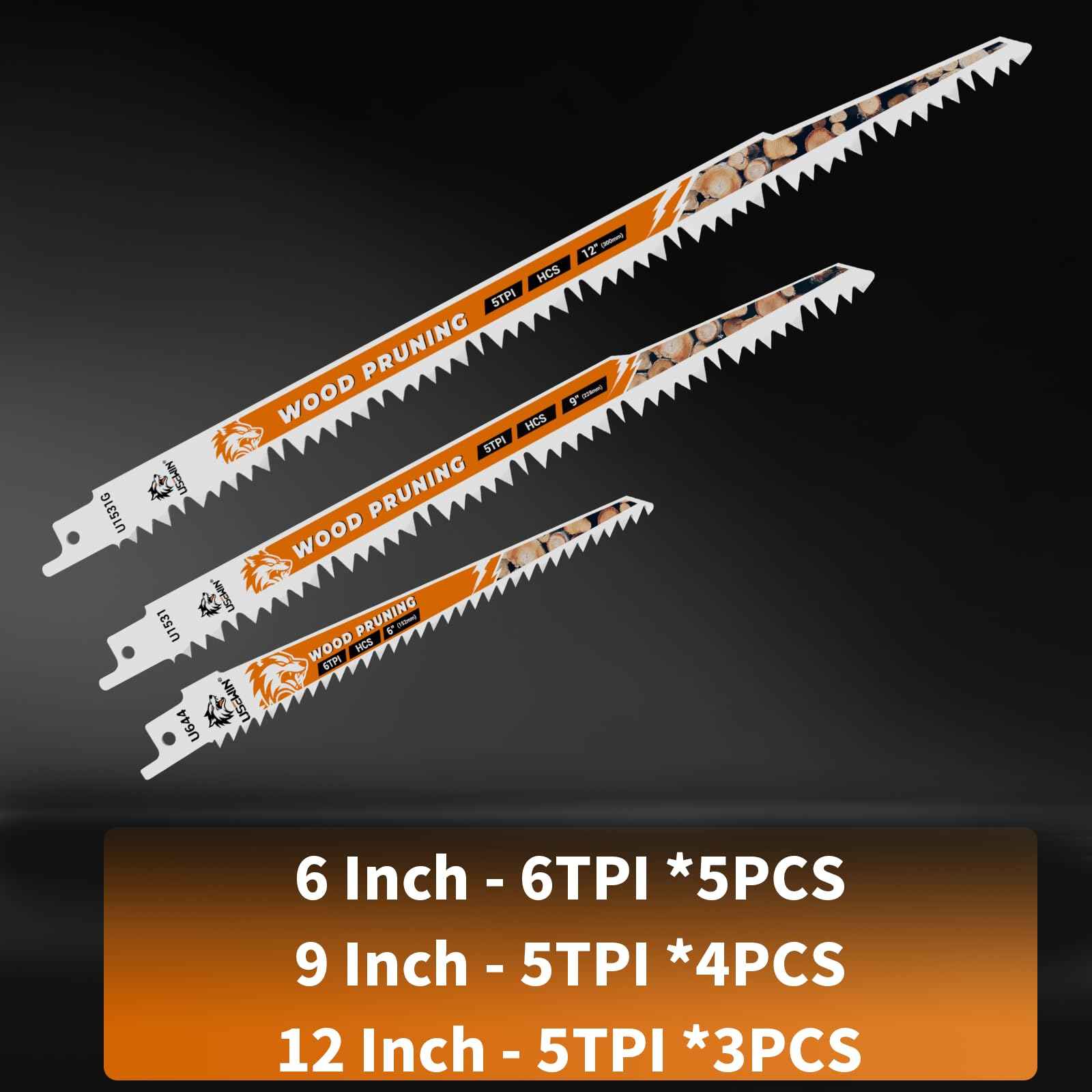 12-Piece Wood Pruning Reciprocating Saw Blade Set, Saw Blades Set, High Carbon Steel Pruning Blades for Tree, Wood and PVC Pipe Cutting