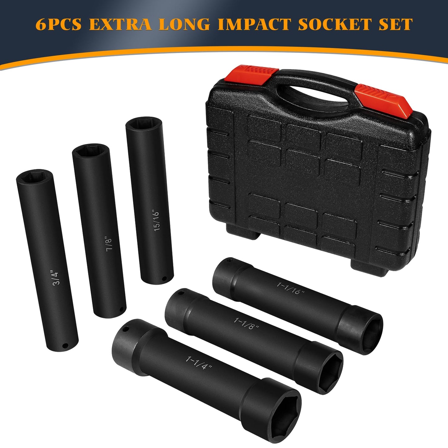 V-SEK 6.75 Inch Long Extended Length Impact Socket Set 1/2 Inch Drive Extra Deep Sockets Heavy Duty Steel With Hex Sizes 3/4" 7/8" 15/16" 1-1/16" 1-1/8" 1-1/4" for High Torque Use 6PCS