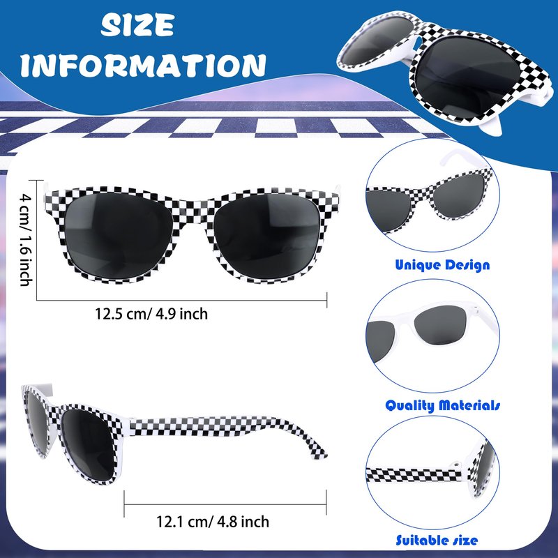 Octaday 24 Pcs Race Car Checkered Sunglasses Bulk White Frame Black Checker Sunglasses for Kids Racing Party Favor Supplies Racing Theme Birthday Gift