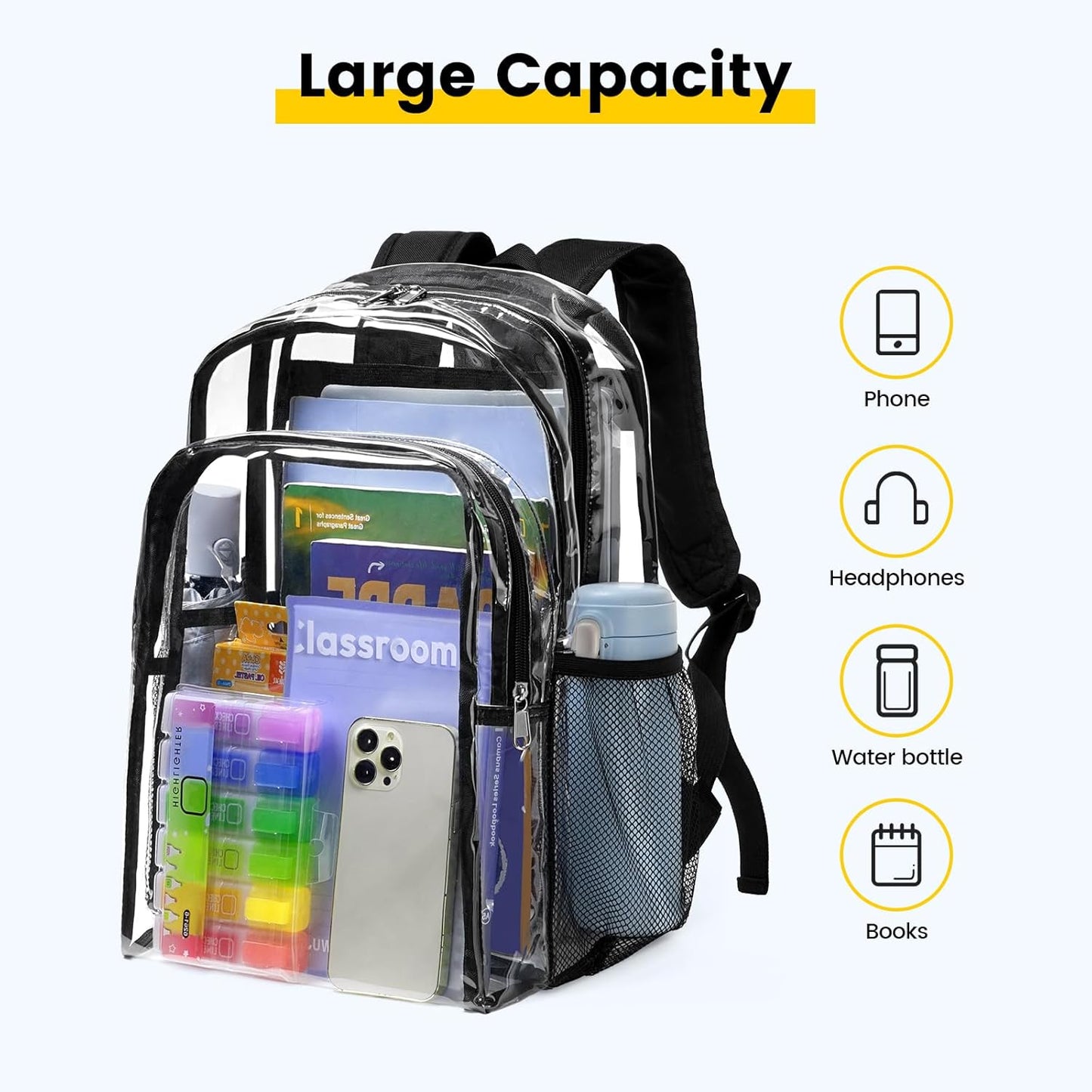 Vorspack Clear Backpack - Heavy Duty Transparent Bookbag for School, Work & Concert | Large Black Design
