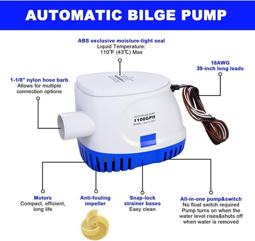 1100 GPH Automatic Bilge Pump by [Brand Name] - 12V Submersible Water Pump with Float Switch | Compact Design