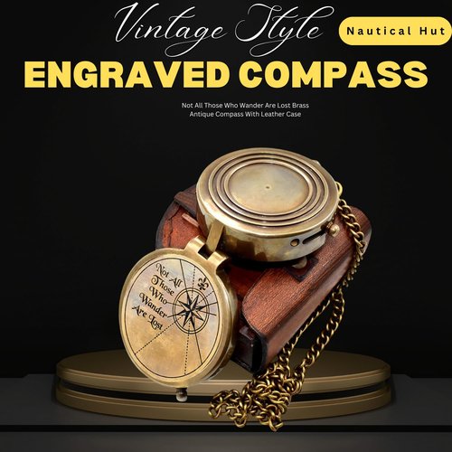 Engraved Brass Pocket Compass with Leather Case & Chain – “Not All Those Who Wander are Lost” – Vintage Navigation Compass Gift for Hiking, Graduation, Husband, or Son