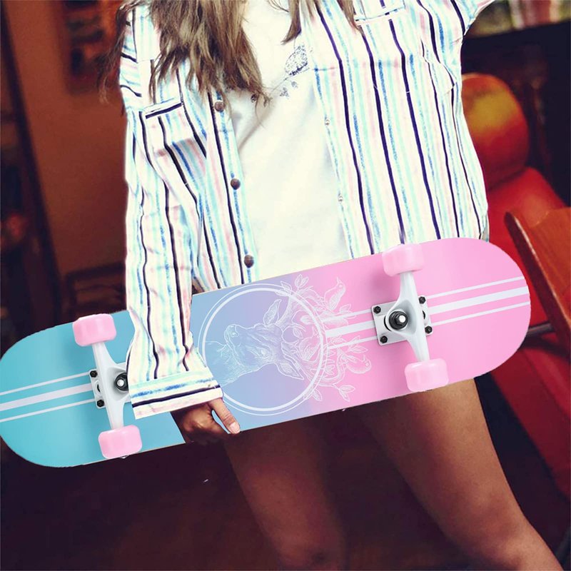 Skateboard,31 x 8 Inch Complete Skateboard, 8-Layer Maple Wood Deck Double Kick Standard Skateboards for Kids, Teens, Adult, Beginner (Pink)