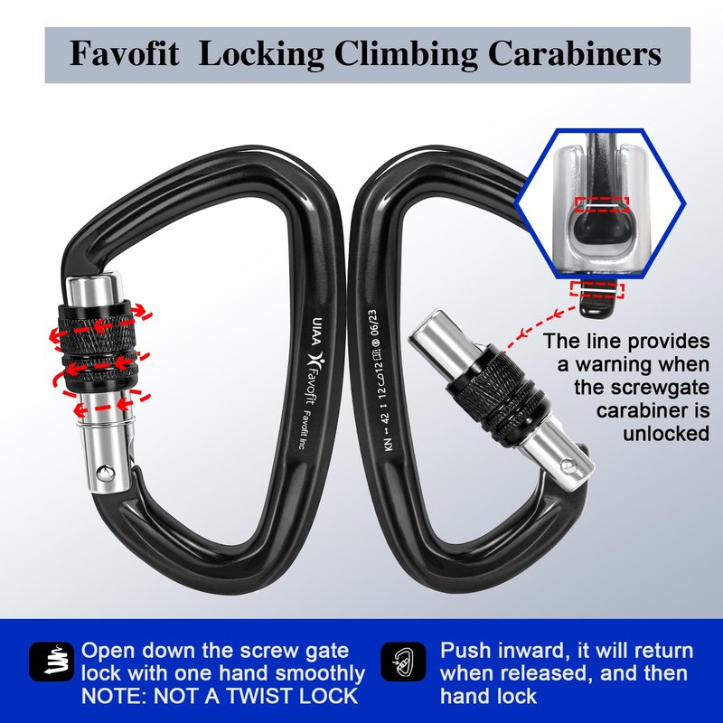 Locking Climbing Carabiner Heavy Duty: Favofit UIAA Certified 42kn (9441 lbs) Safety Caribeaner Clips - Large Screwgate Rock Mountain Caribiniers for Rescue Firefighter