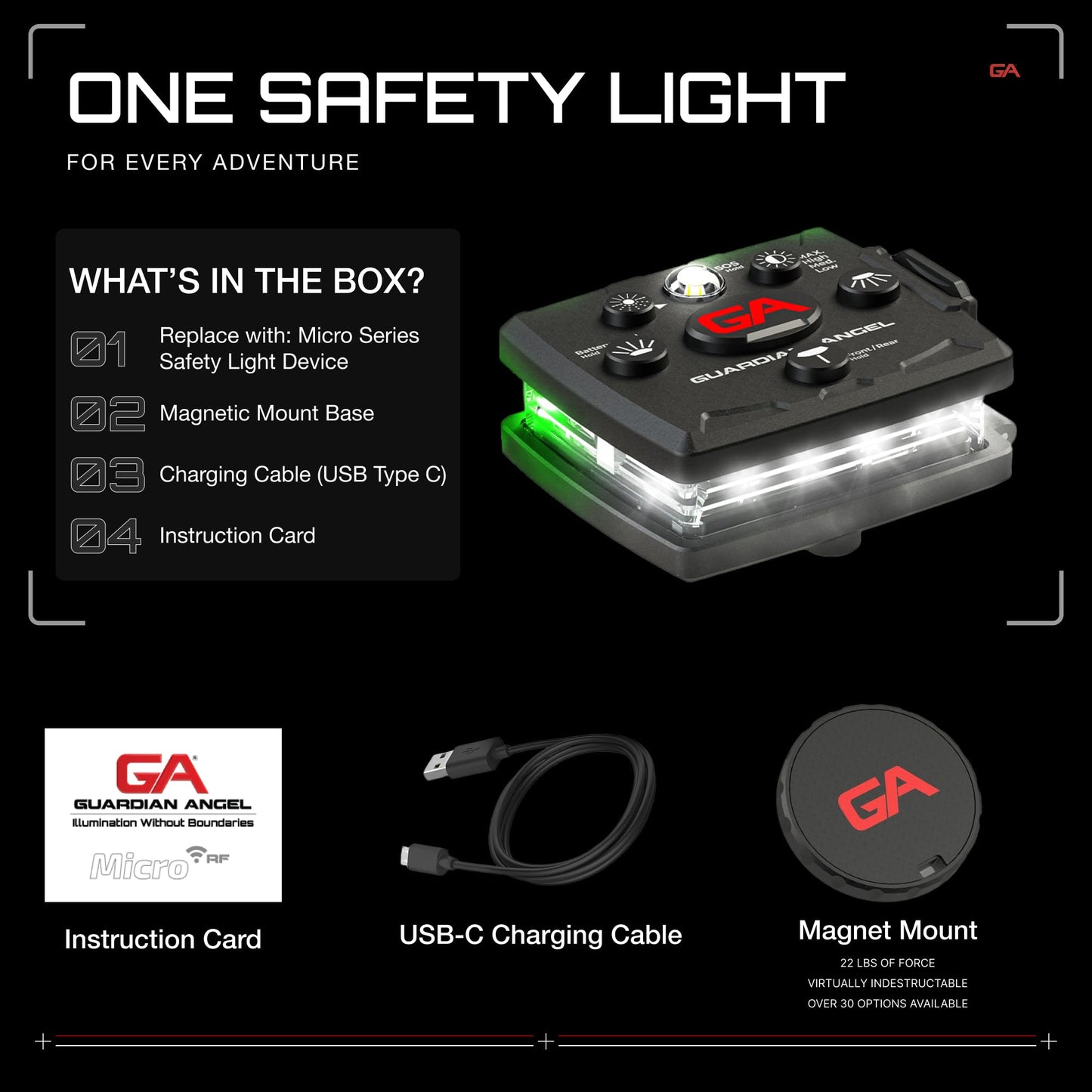 Guardian Angel Micro Series Safety Lights, (All White Front & Green Rear) | Rechargeable, Magnetic & Hands-Free Wearable LED Flashlight for Dog Walking, Cycling, Hiking, Camping & Fishing