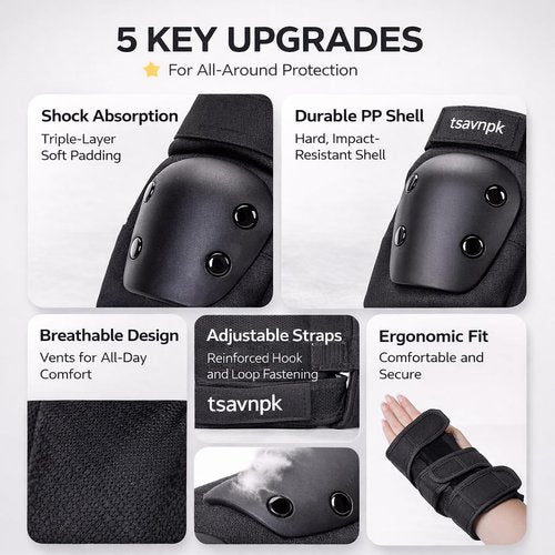 Adult Knee and Elbow Pads Set with Wrist Guards – Skateboarding Protective Gear for Adults, Adjustable Protective Pads for Roller Skating, BMX, Cycling (Black)