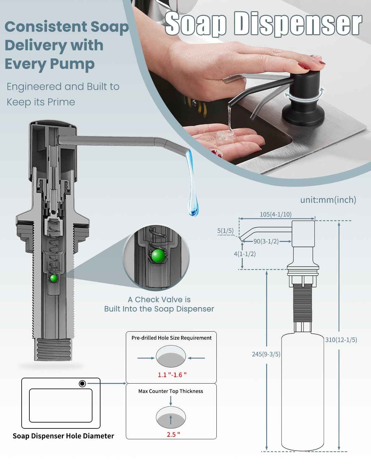 Casavilla Black Kitchen Faucet with Soap Dispenser, Faucet with Light, Faucet for Camper Farmhouse RV Kitchen Sink, Single Handle Stainless Steel Kitchen Sink Faucets with Pull Down Sprayer