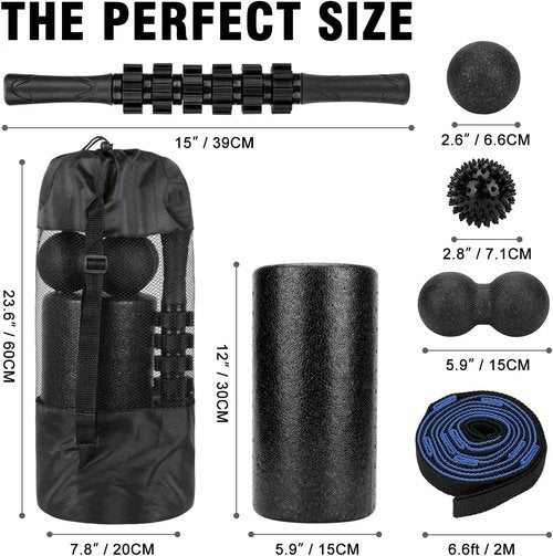 Foam Roller Set - High Density Muscle Roller & Stretching Strap for Deep Tissue Therapy | 2 Foot Fasciitis Ball