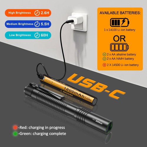VTIGER T2A Compact EDC Flashlight,1500 High Lumens AA Rechargeable LED Flashlight, Super Bright Small Tactical Tail Switch Pocket Flash Light with Magnet for Camping,Hiking,Outdoor,Home,Emergency