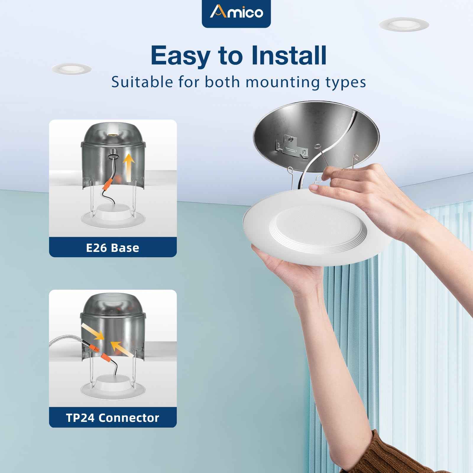 Amico 5/6 inch 5CCT LED Recessed Lighting 12 Pack, Dimmable, Damp Rated, 12.5W=100W, Can Lights with Baffle Trim, Retrofit Installation, ETL&FCC, White