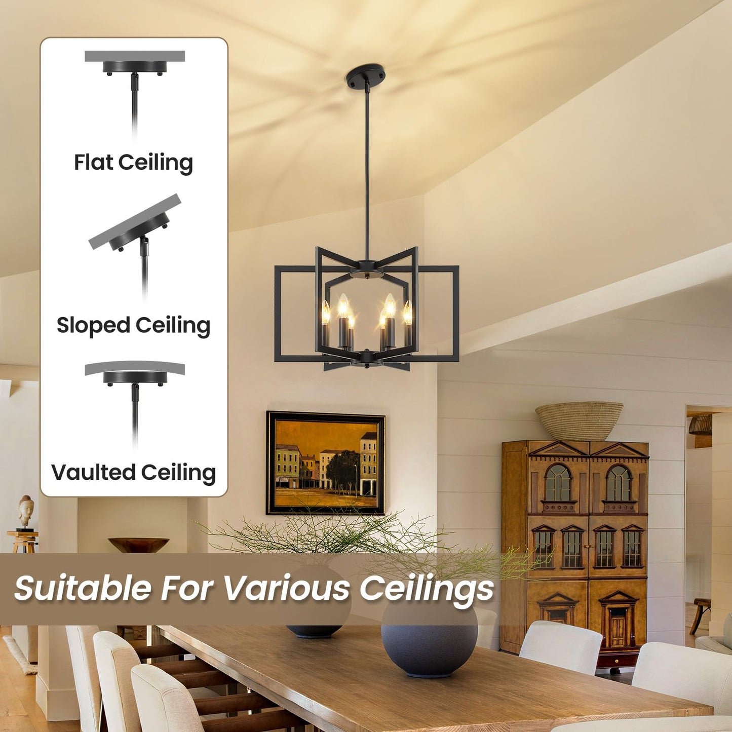 6-Light Black Chandelier, Dining Room Light Fixture, Farmhouse Chandelier, Geometric Metal Industrial Pendant Light Fixture Ceiling Hanging for Kitchen Stairway Foyer Entryway Hallway