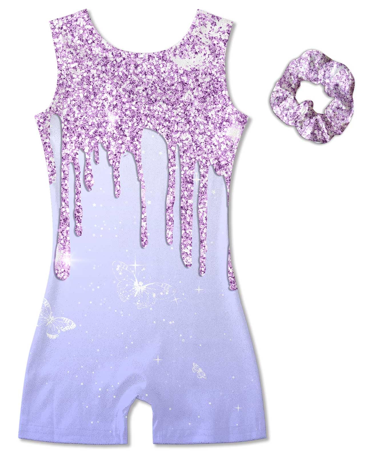Vogseek Sparkly Gymnastics Leotards for Girls 5 6 Years Cute Light Purple Shiny Ballet Dance Unitards Biketards with Cover Short Kids Tumbling Activewear, Purple Fluid