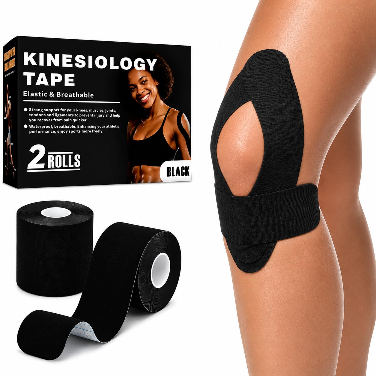 Elastic Kinesiology Tape, 2-Pack, Black