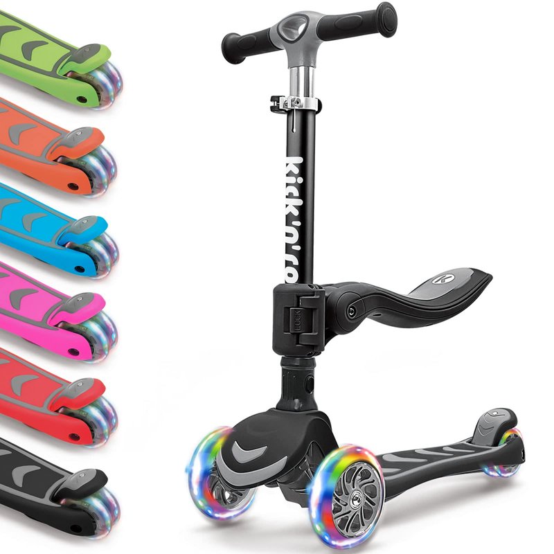 Kicknroll Toddler Scooter for Kids with Seat, Foldable Scooter with 3 LED Light up Wheels and 4 Adjustable Height, Lean to Steer, Extra Wide Deck, 110 Lbs Capacity