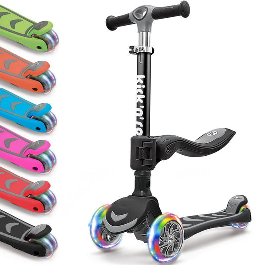 Kicknroll Toddler Scooter for Kids with Seat, Foldable Scooter with 3 LED Light up Wheels and 4 Adjustable Height, Lean to Steer, Extra Wide Deck, 110 Lbs Capacity