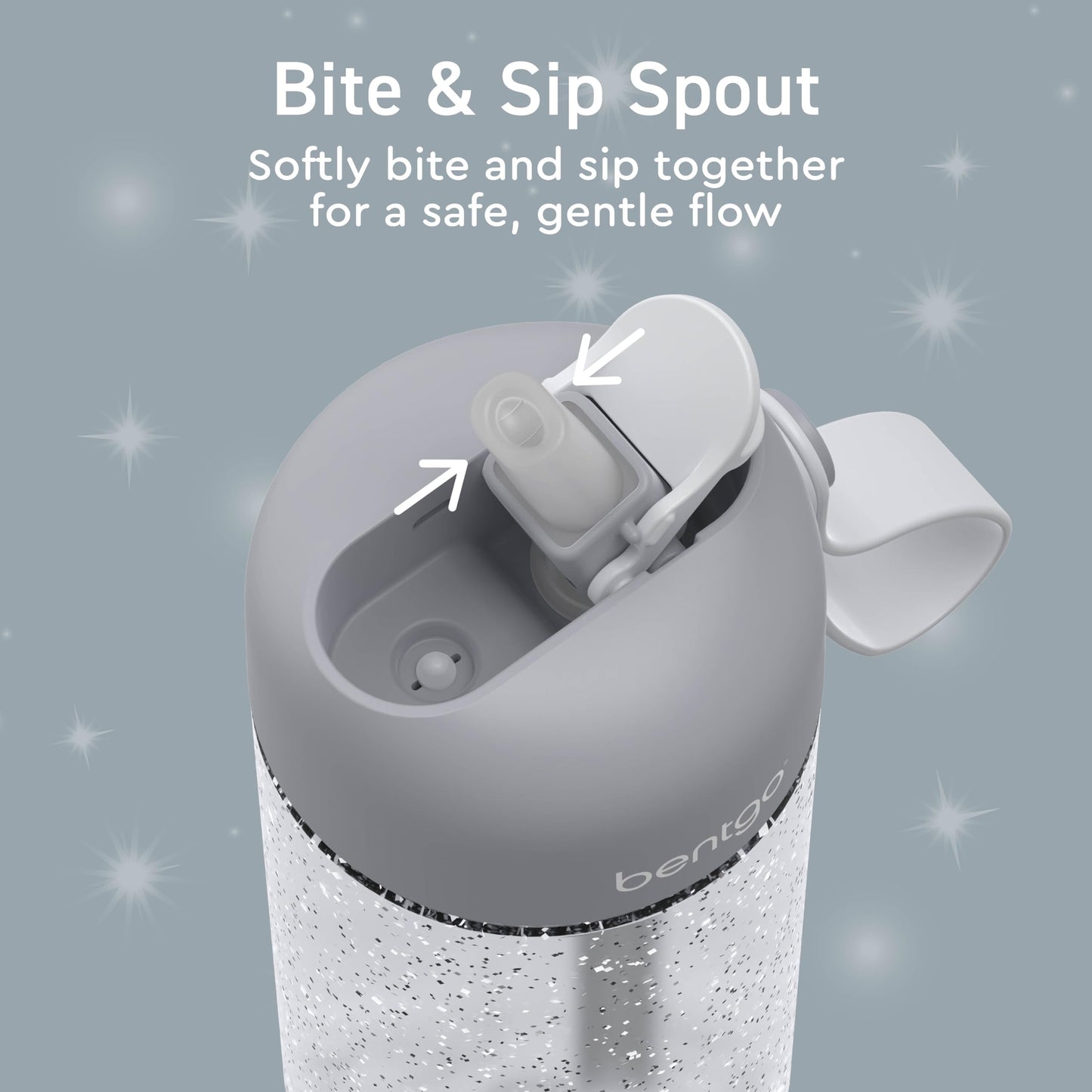 Bentgo Kids Water Bottle - Leak-Proof, Durable Tritan, BPA-Free 15 oz. Cup for Kids/Toddlers Ages 3+, Bite & Sip Spout, Carrying Handle, & Dishwasher Safe for School (Glitter Edition - Silver)