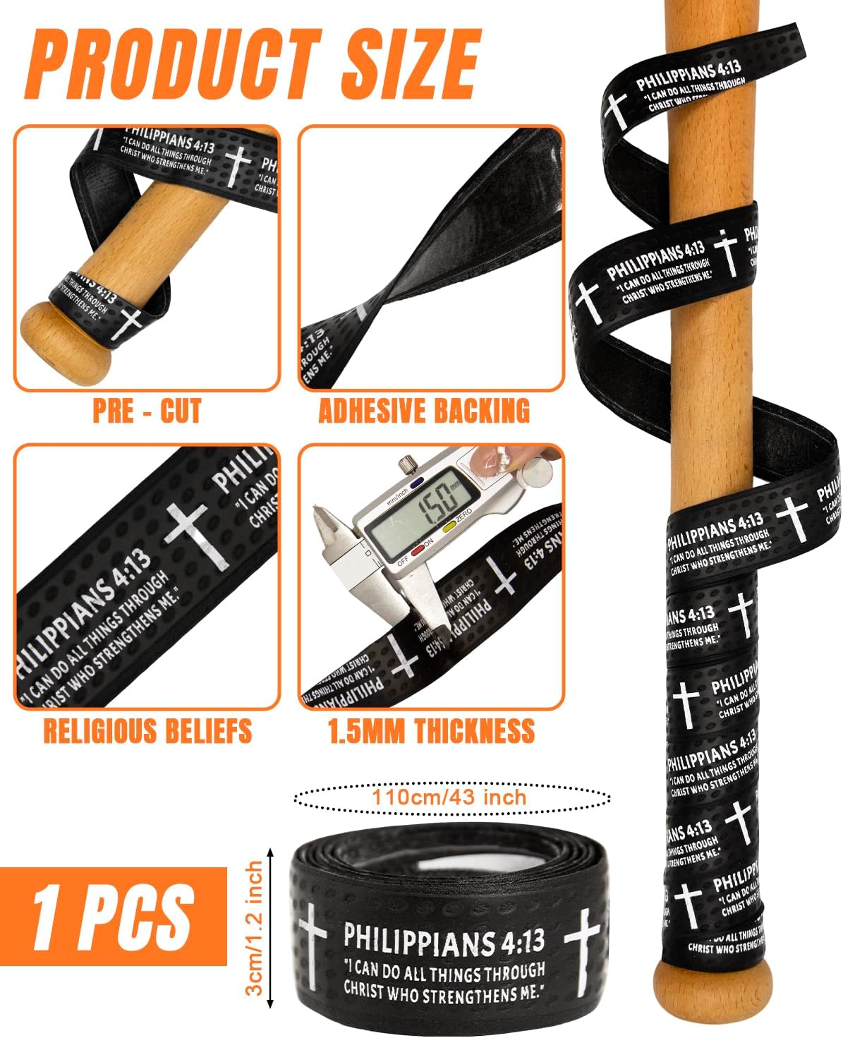 Piemow Baseball Bat Grip Tape - Faith Cross Design | 1.5mm Precut, Non-Slip Adhesive for Sports