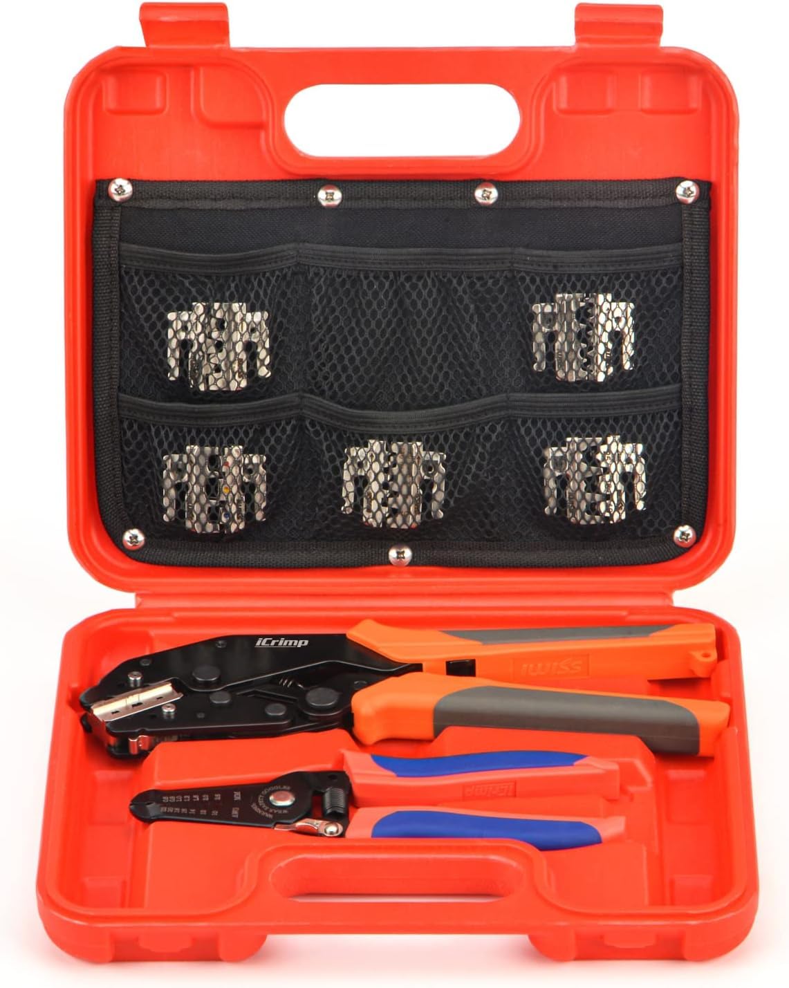 iCrimp Quick Change Ratcheting Wire Crimper Tool Set for Insulated, Heat Shrink, Non-Insulated Terminals, Battery Cable Lugs, IWS4 Solar connectors, Wire Ferrules, 8 Pieces with Wire Stripper