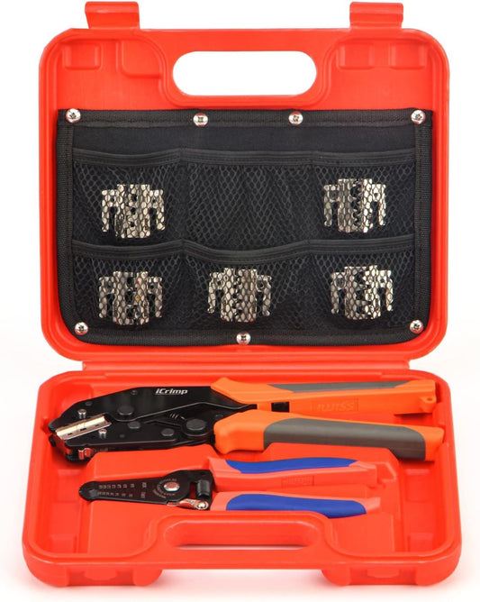 iCrimp Quick Change Ratcheting Wire Crimper Tool Set for Insulated, Heat Shrink, Non-Insulated Terminals, Battery Cable Lugs, IWS4 Solar connectors, Wire Ferrules, 8 Pieces with Wire Stripper
