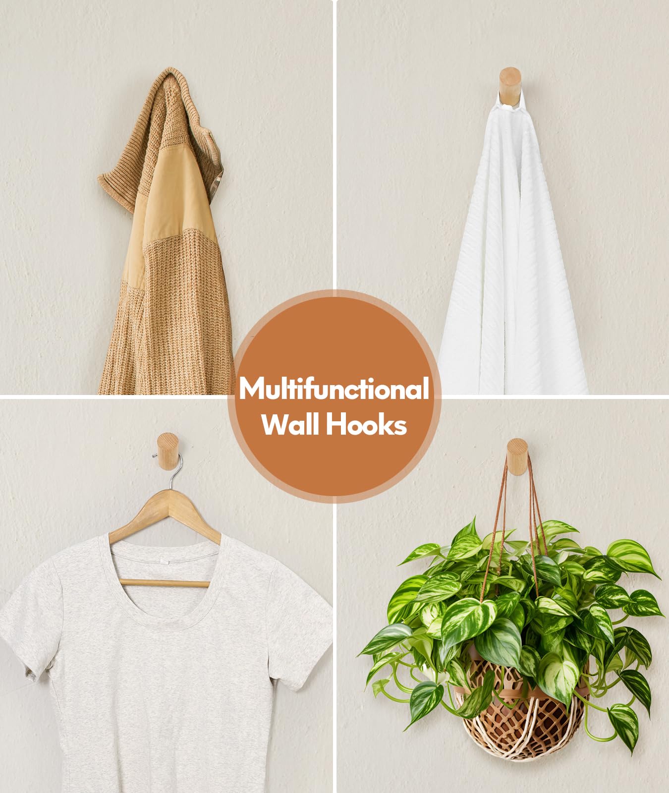 Optish Wood Wall Hooks for Hanging, 4 Pack Hat Hook for Walls, Coat Hook Wall Mount, Backpack Hooks for Walls, Bathroom Towel Hanger (Natural)