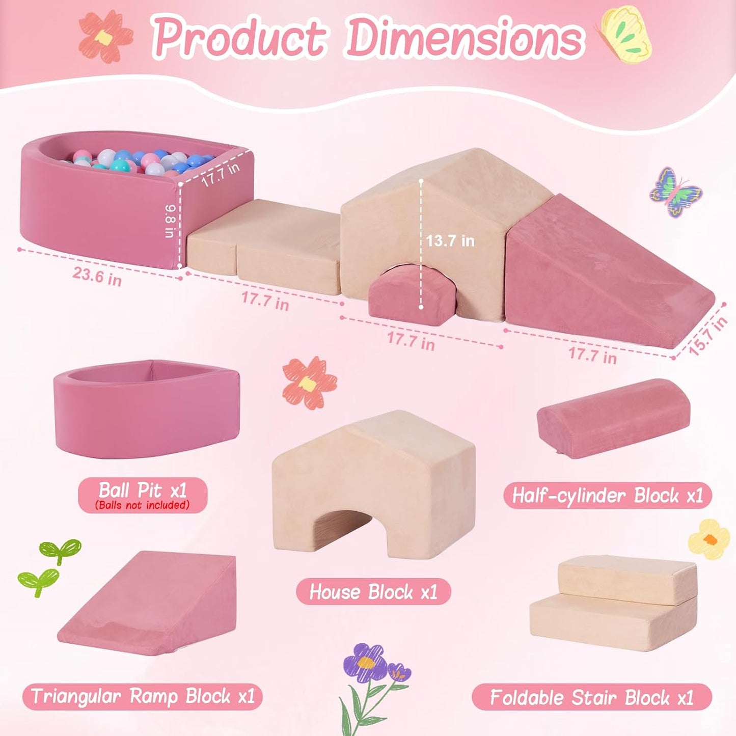 Skiennix 5-Piece Foam Climbing Blocks - Mini House-Shaped Soft Play Set with Ball Pit | Pink & Beige