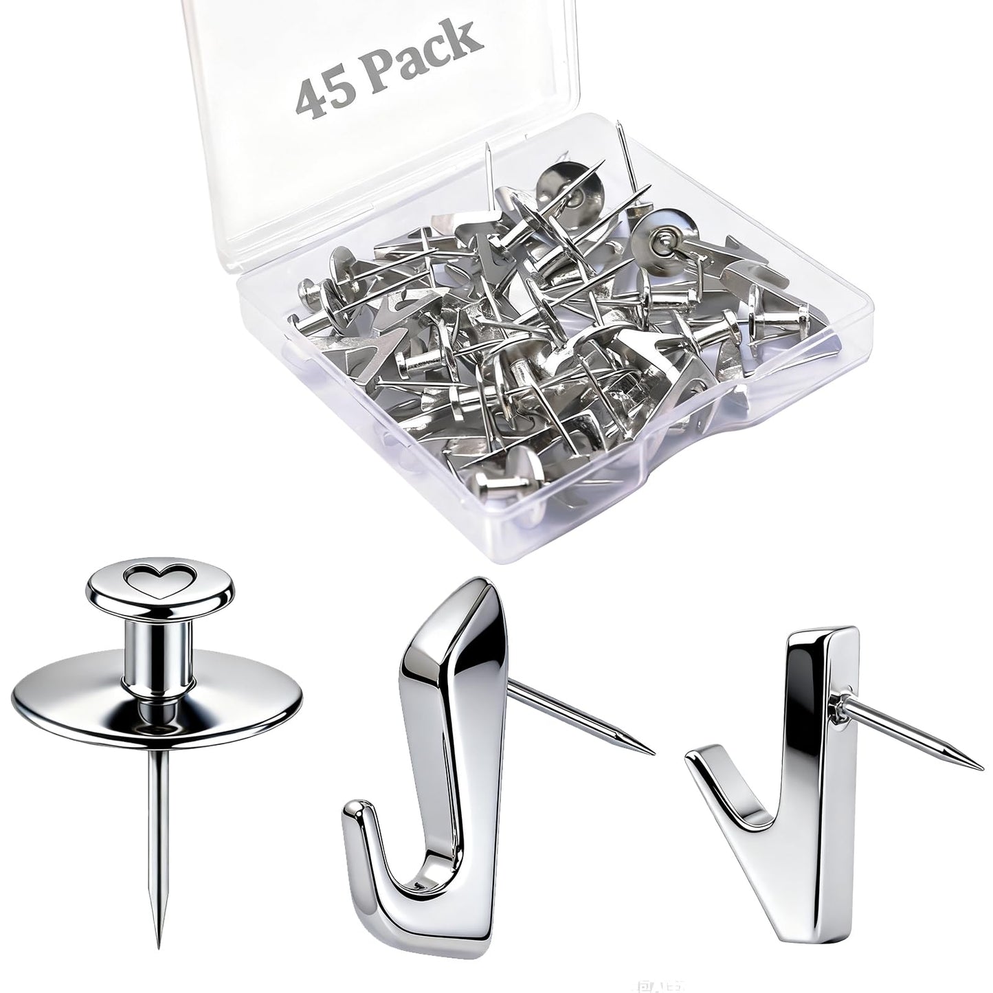 Picture Hanging Nails, 45 Pack Double Headed Push Pins Wall Thumb Tacks for Drywall , Art, Posters, Photos, Hanging Kit with Nails & Hooks